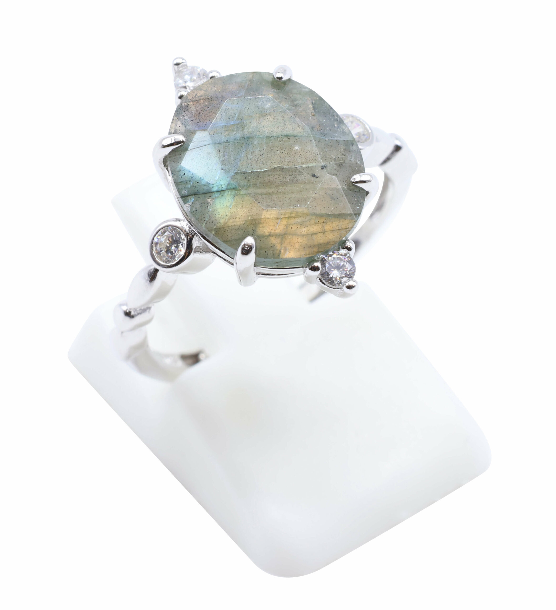 🌿 Bague Labradorite Argent 925 Plaqué Platine – Pierre Semi-Précieuse Naturelle Taille Réglable | Tradition Ancestrale