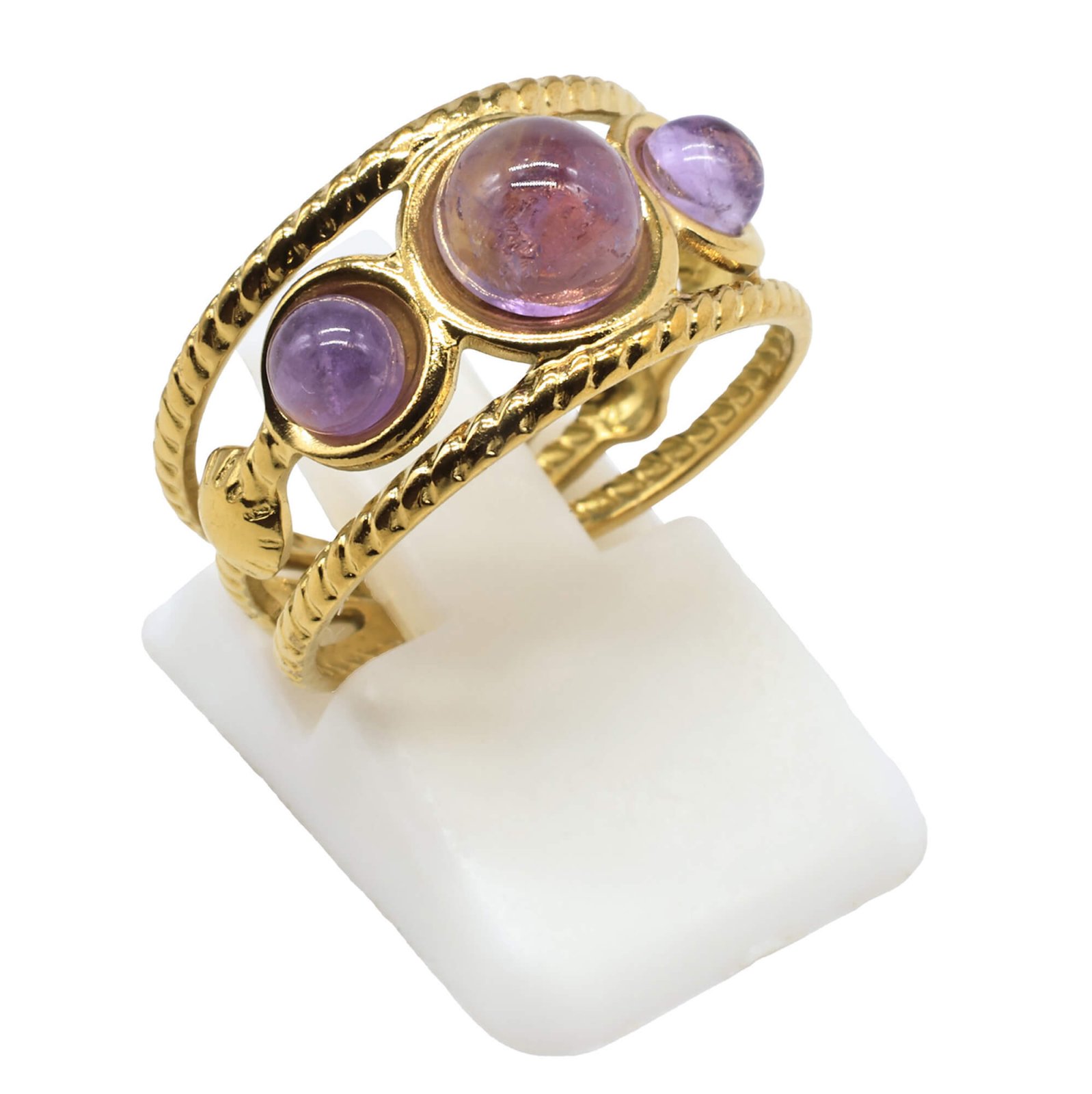 Bague triple en acier inoxydable ajustable sertie de pierres naturelles