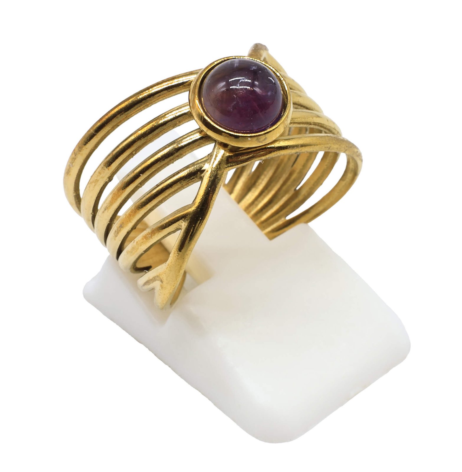 Bague Inox Pince Dorée sertie d'une pierre naturelle Amethyste