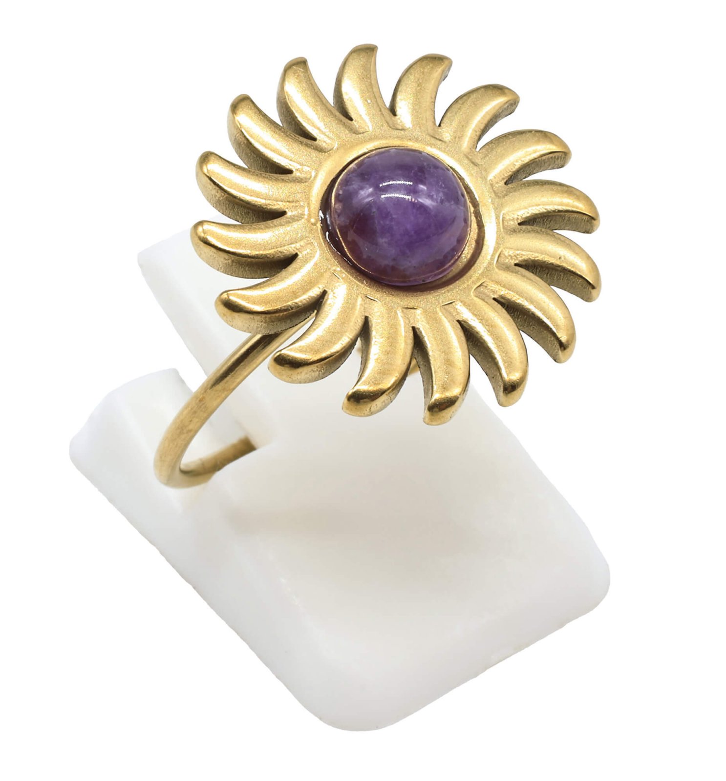 Bague Inox Soleil sertie d'une pierre naturelle Amethyste
