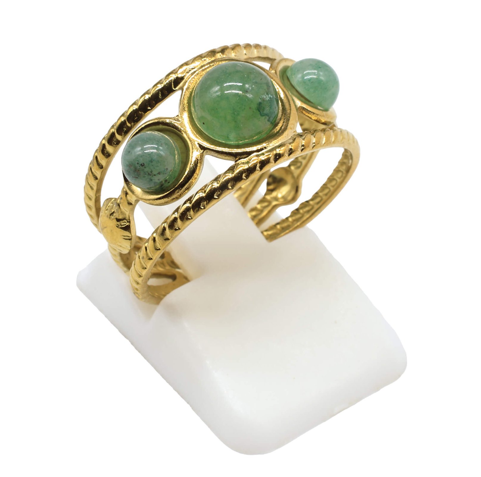 Bague triple en acier inoxydable ajustable Aventurine verte