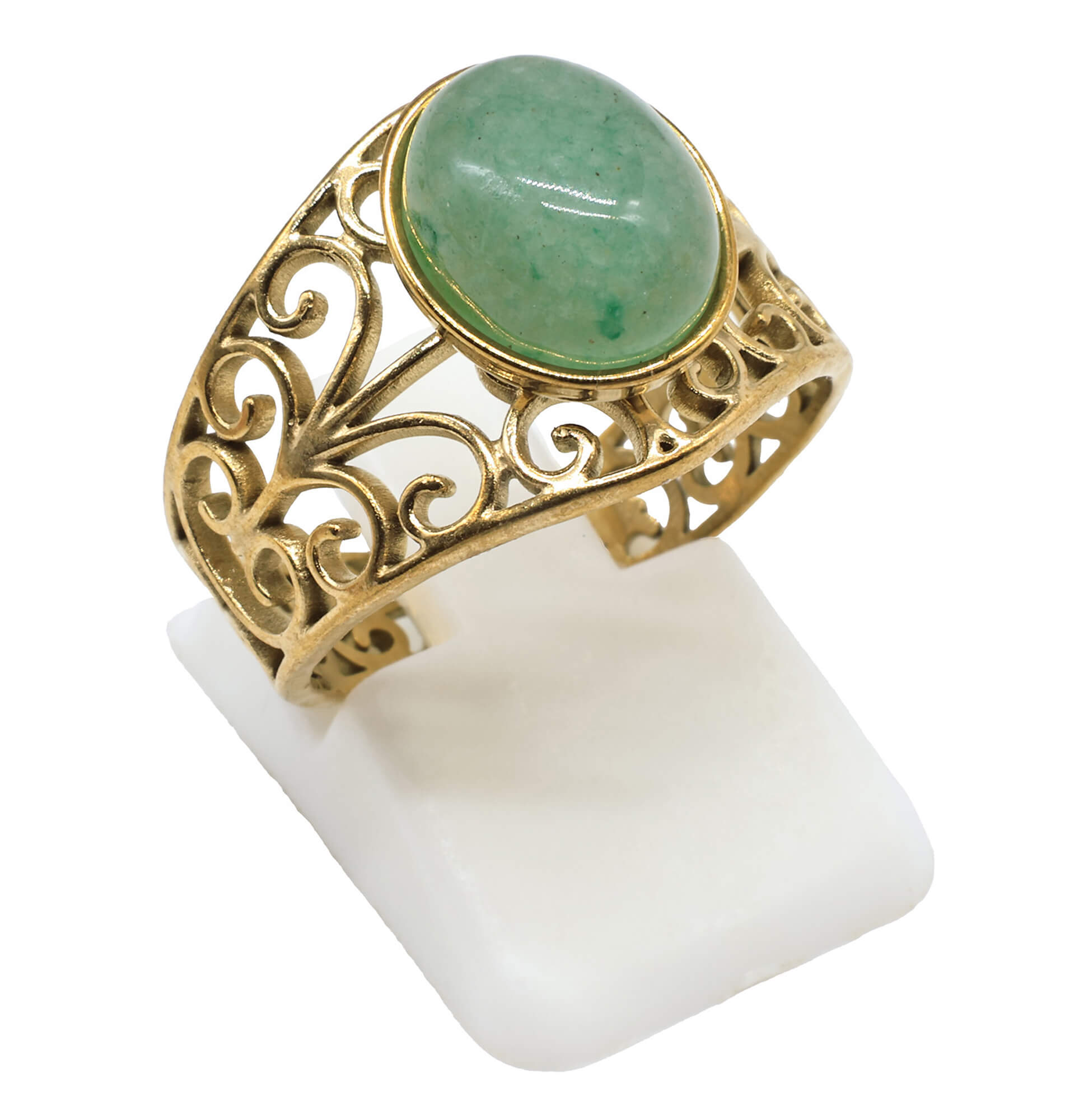 Bague en acier inoxydable ajustable sertie d’une pierre naturelle Aventurine verte