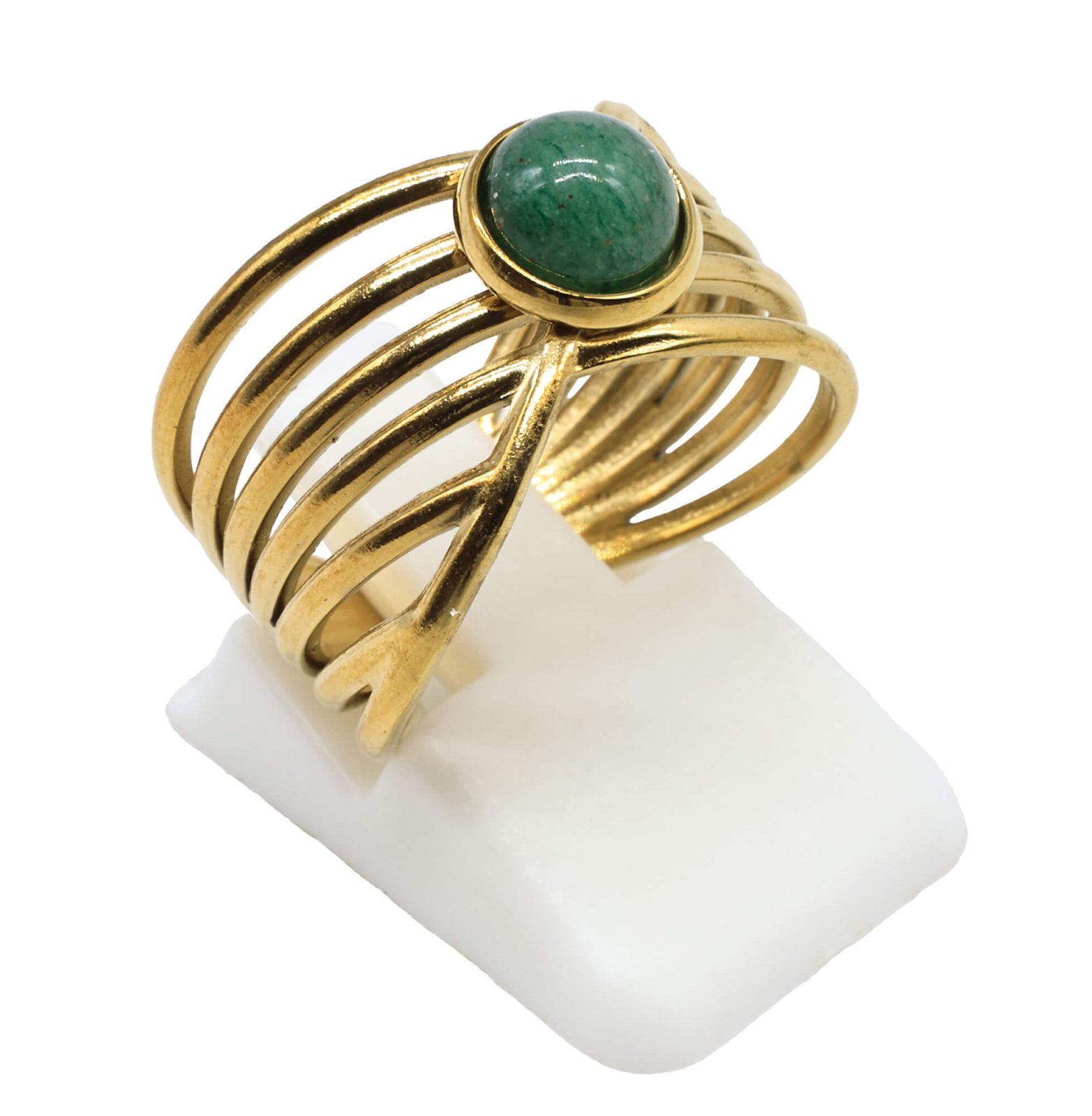 Bague Inox Pince Dorée sertie d'une pierre naturelle Aventurine verte