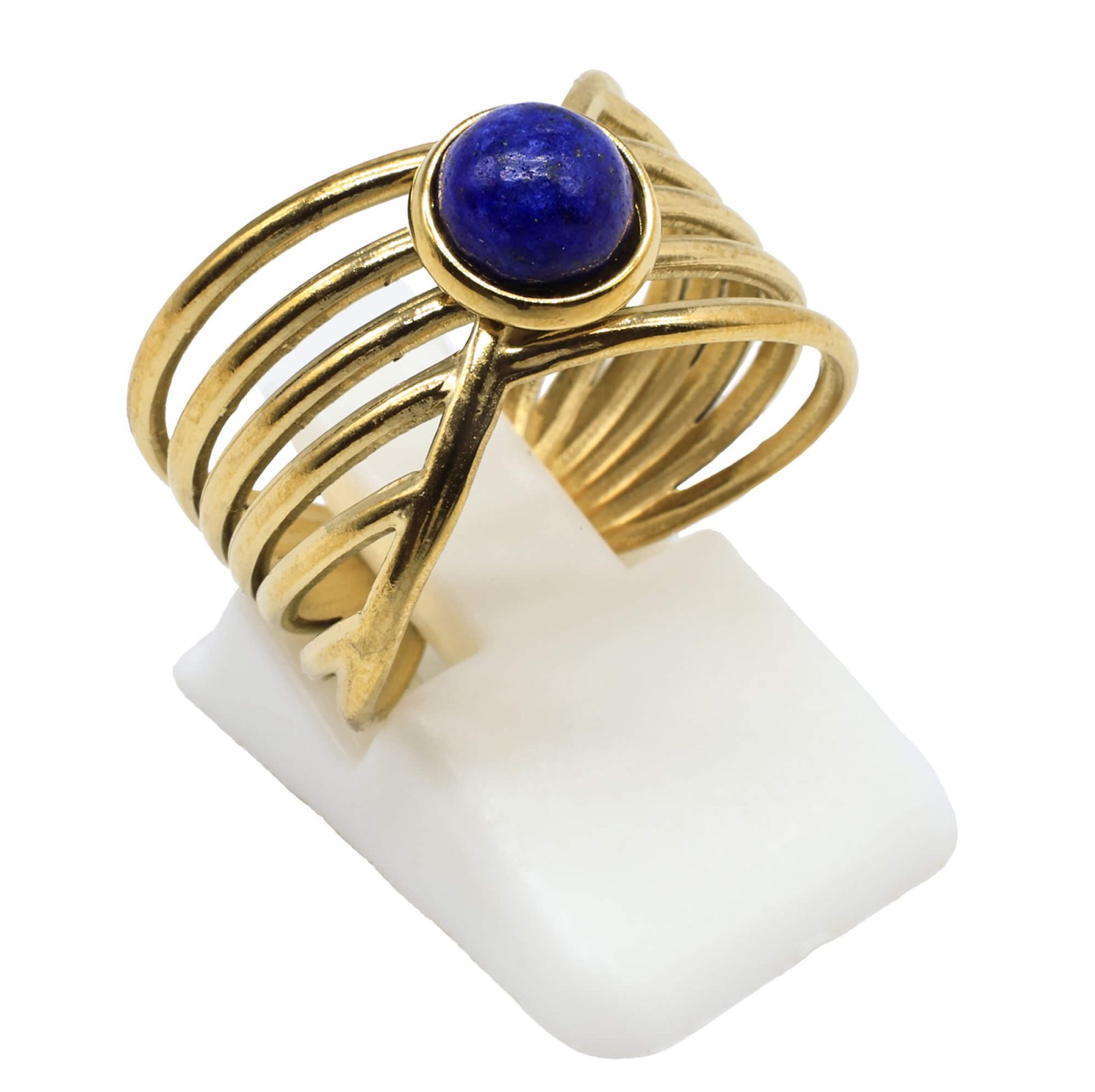 Bague Inox Pince Dorée sertie d'une pierre naturelle Lapis Lazuli
