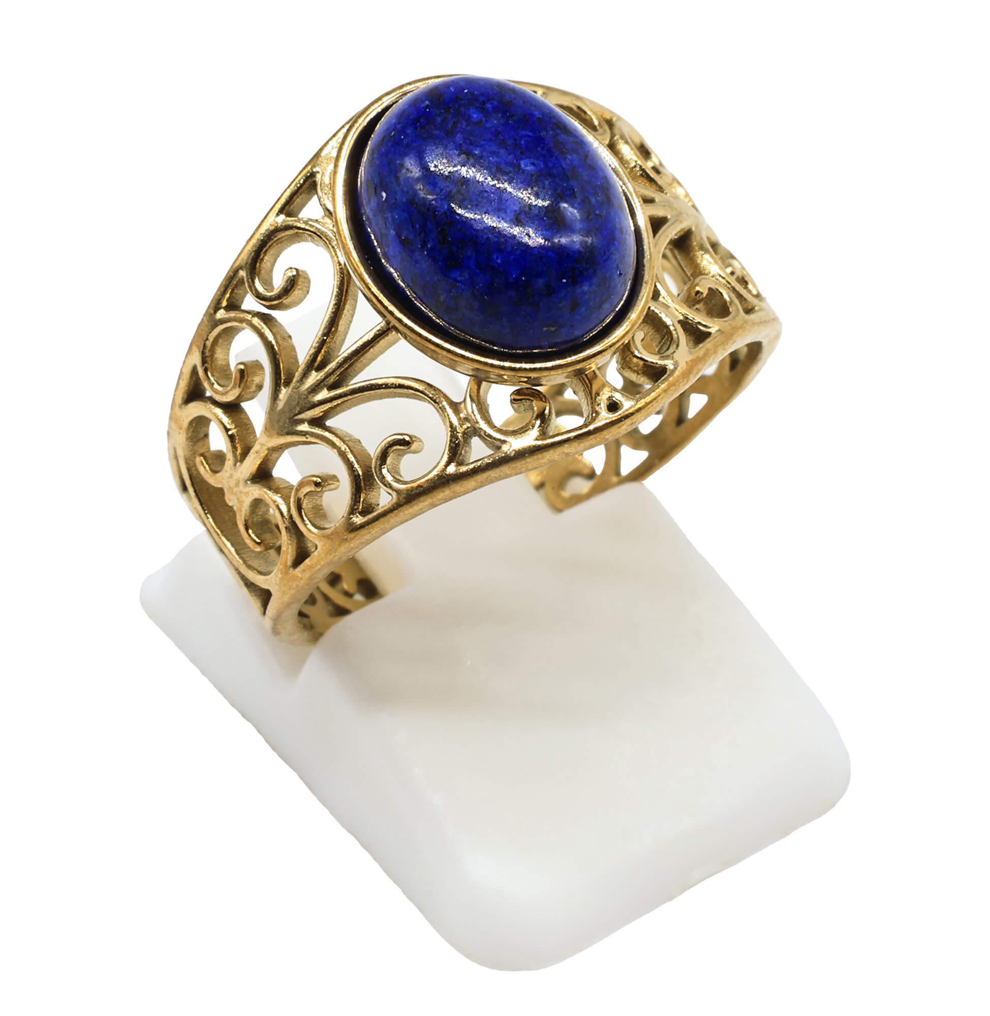 Bague en acier inoxydable ajustable sertie d’une pierre naturelle Lapis Lazuli