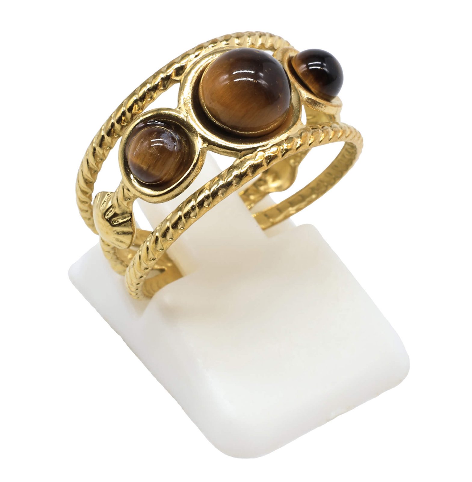 Bague triple en acier inoxydable ajustable Oeil de tigre