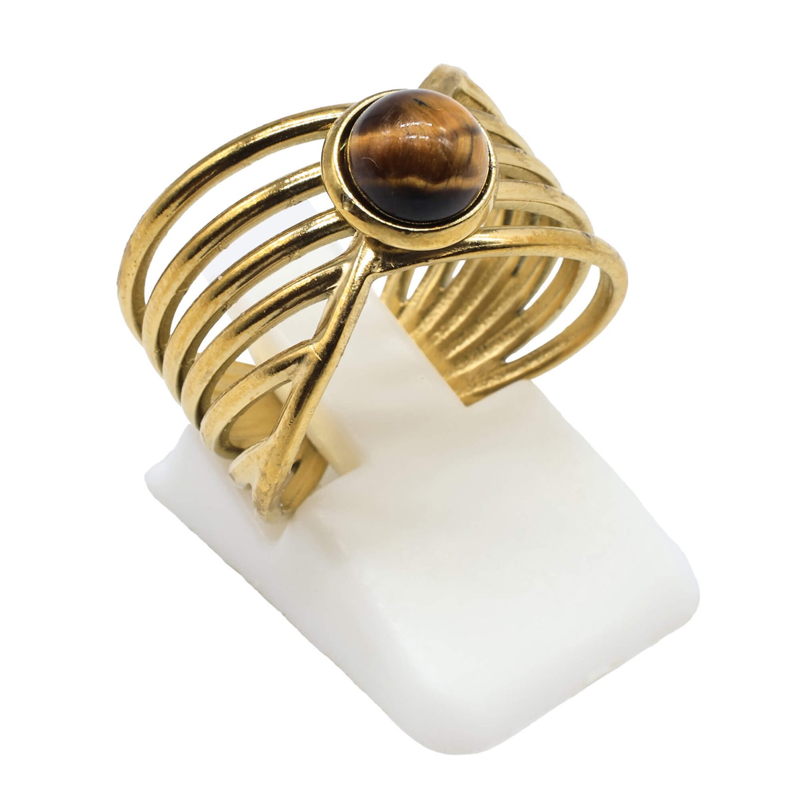 Bague Inox Pince Dorée sertie d'une pierre naturelle Oeil de tigre
