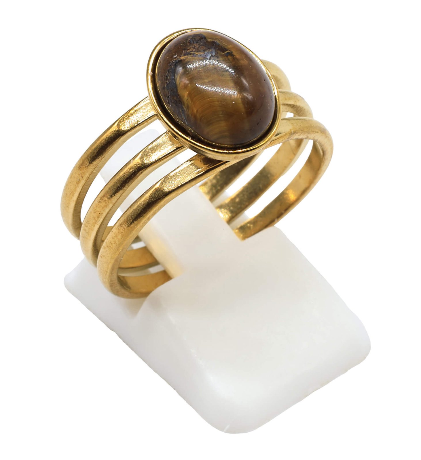 Bague Inox Trident sertie d'une pierre naturelle Oeil de Tigre