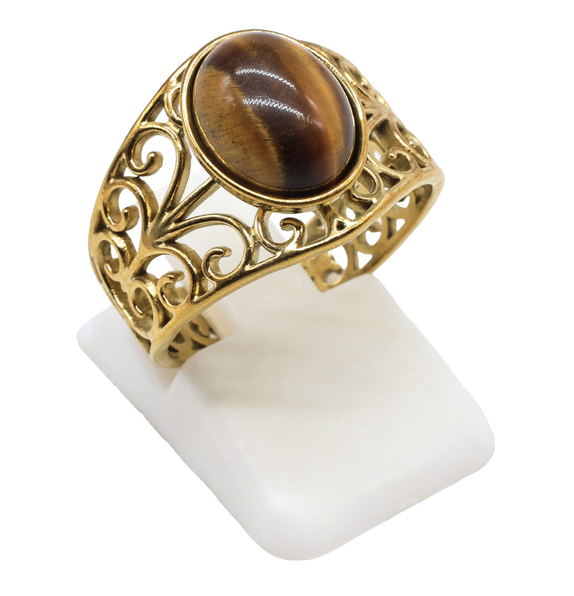 Bague en acier inoxydable ajustable sertie d’une pierre naturelle Oeil de tigre