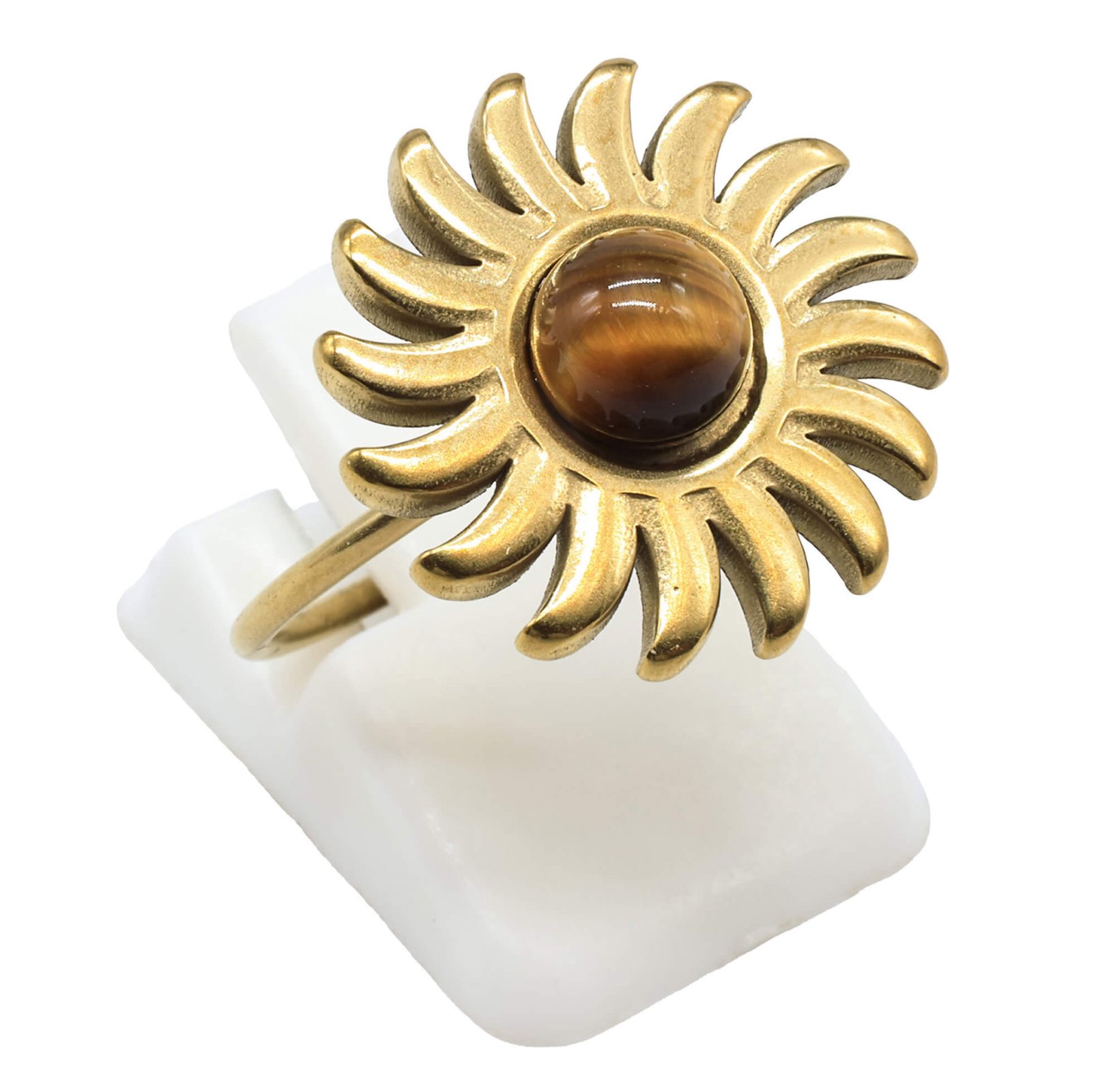Bague Inox Soleil sertie d'une pierre naturelle Oeil de tigre