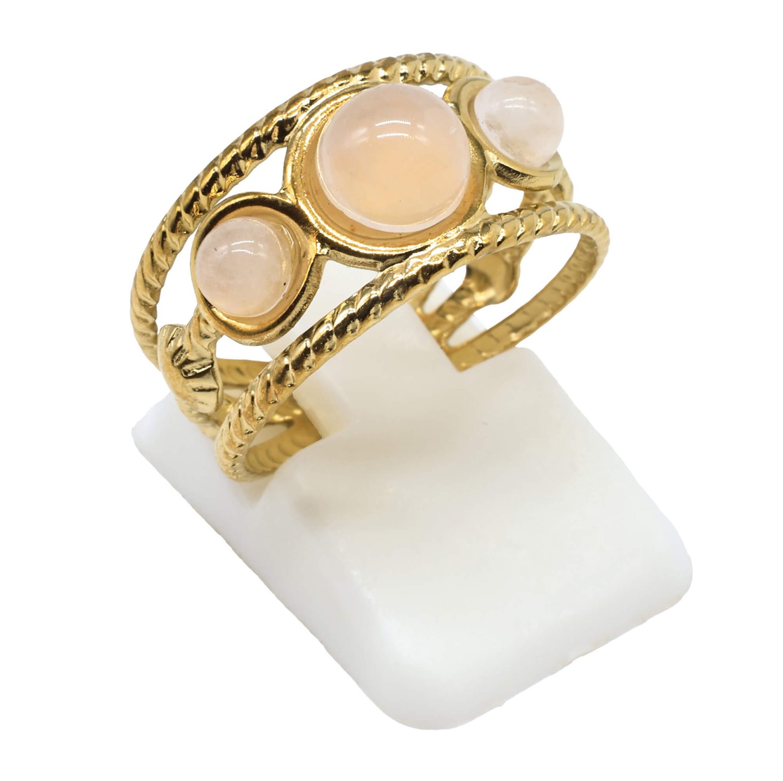 Bague triple en acier inoxydable ajustable quartz rose