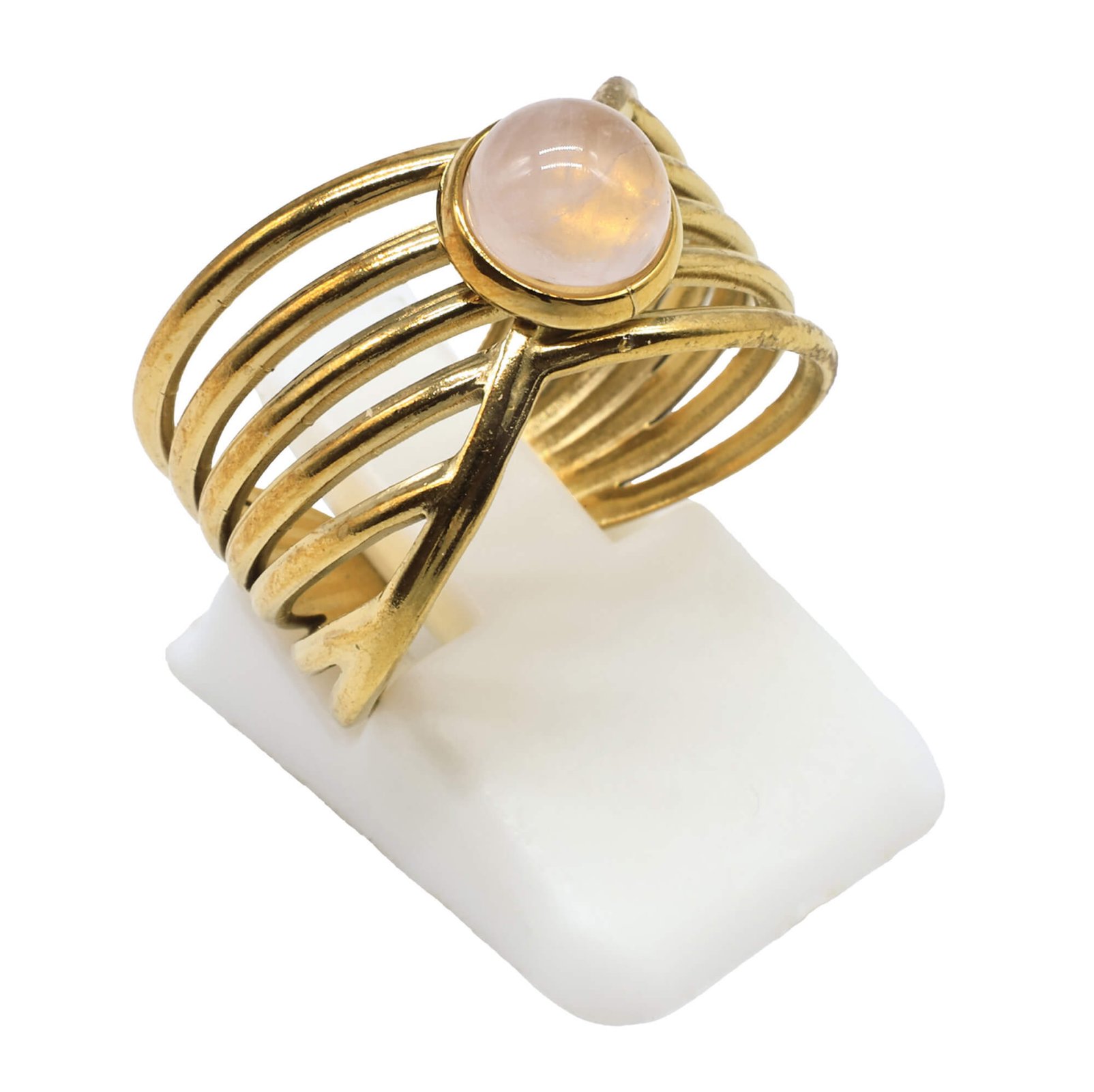 Bague Inox Pince Dorée sertie d'une pierre naturelle Quartz rose