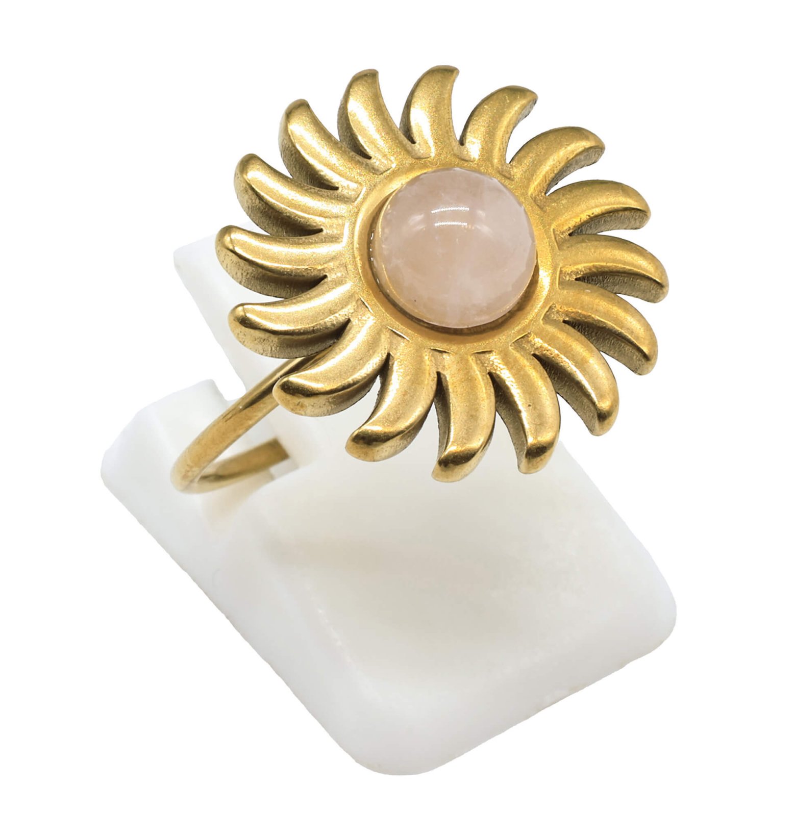 Bague Inox Soleil sertie d'une pierre naturelle Quartz rose
