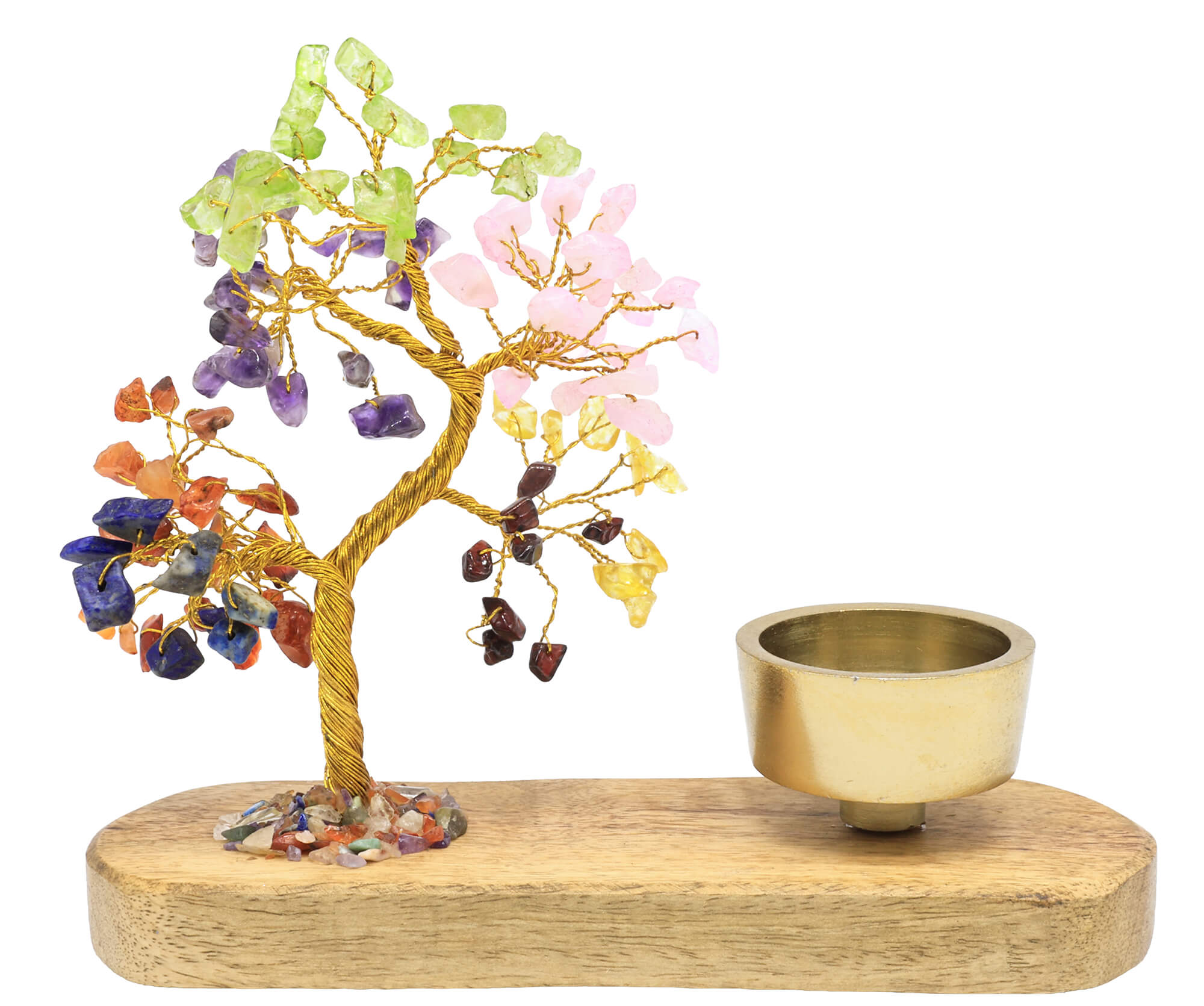 Arbre du Bonheur 7 chakras avec bougeoir en bois de manguier 17cm