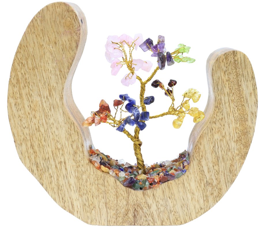 Arbre du Bonheur Design 7 chakras en pierres naturelles sur décor en bois de manguier 17cm