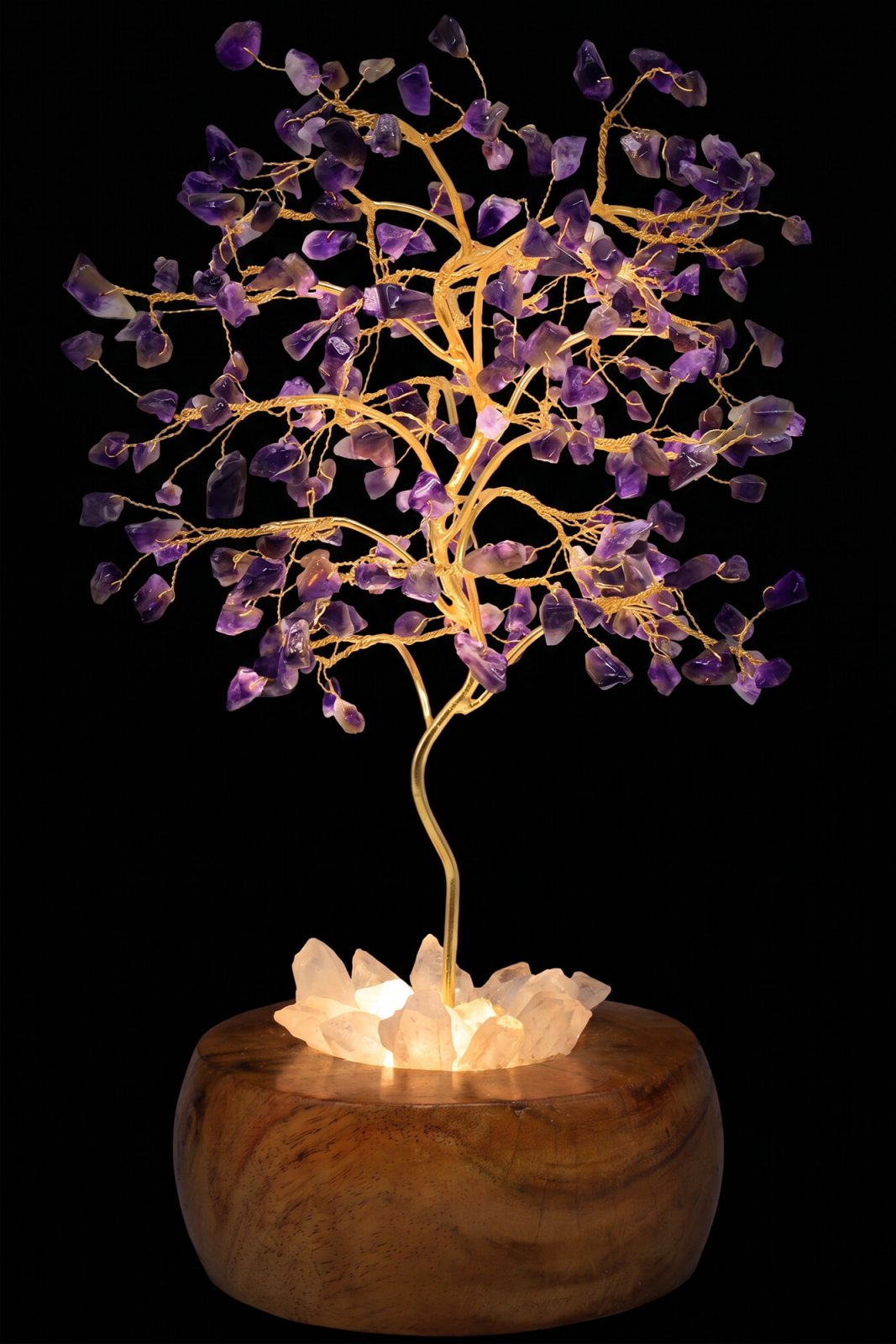 Arbre du Bonheur lumineux Améthyste sur base en Cristal de Roche