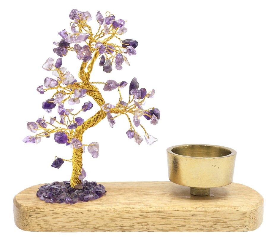 Arbre du Bonheur Amethyste avec bougeoir en bois de manguier 17cm