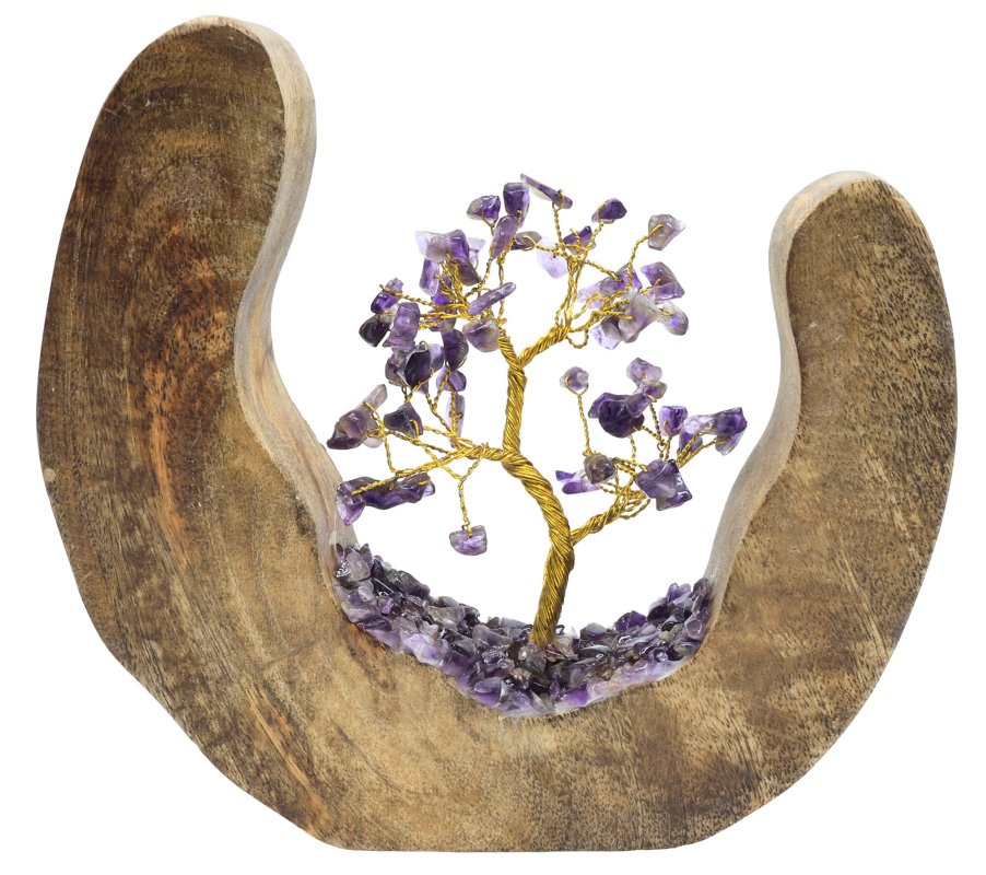 Arbre du Bonheur Design Amethyste en pierres naturelles sur décor en bois de manguier 17cm