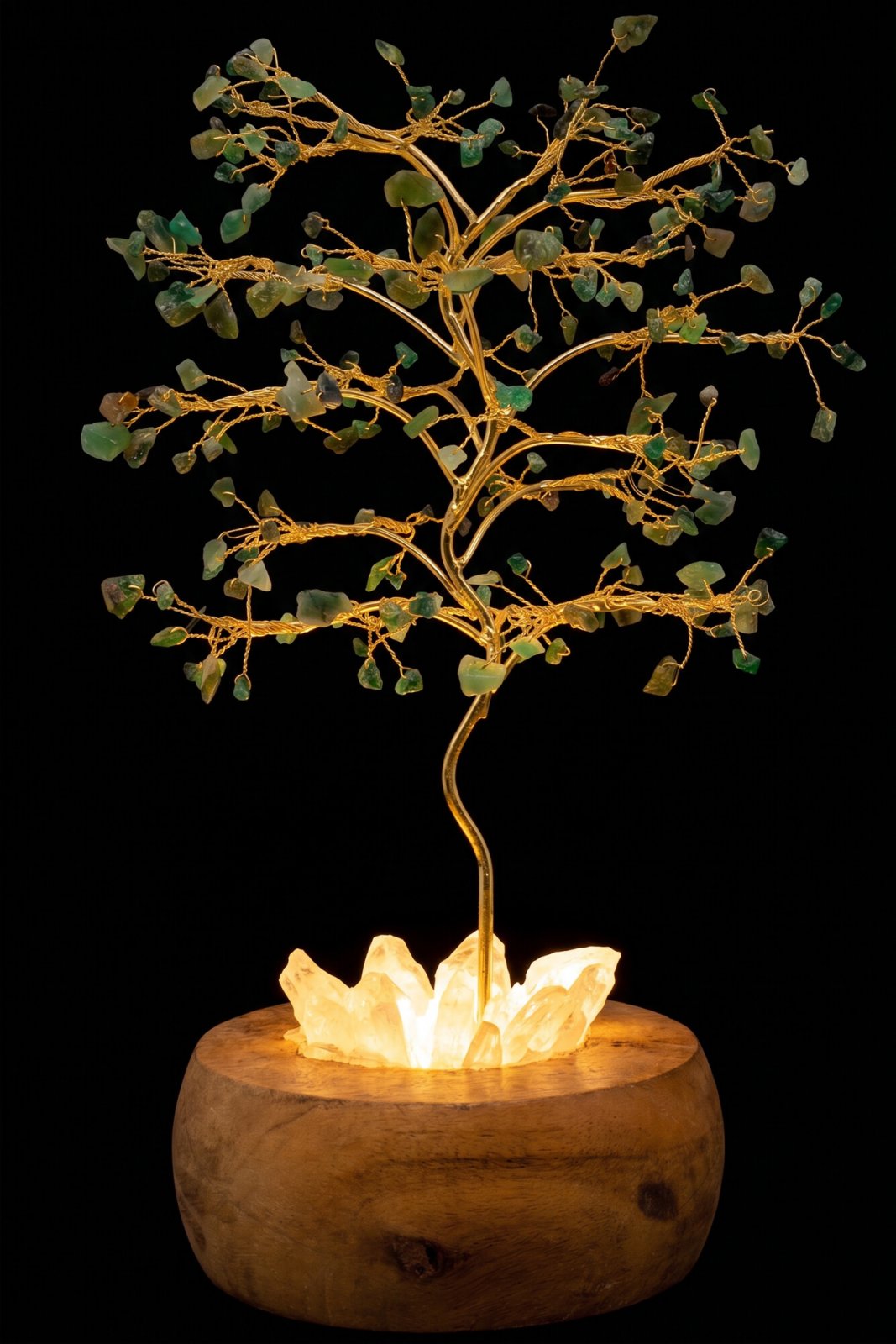 Arbre du Bonheur lumineux Aventurine Verte sur base en Cristal de Roche
