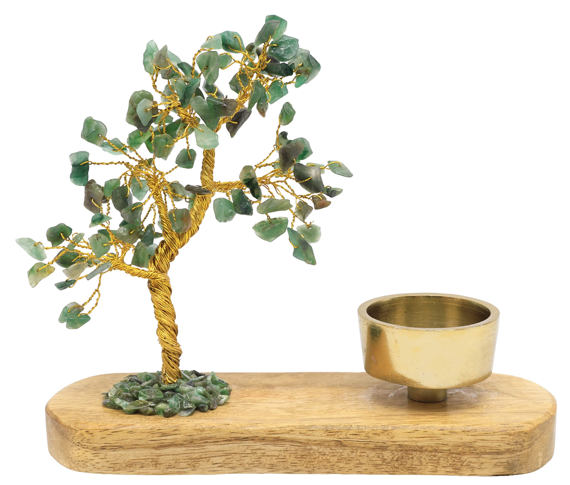 Arbre du Bonheur Aventurine Verte avec bougeoir en bois de manguier 17cm
