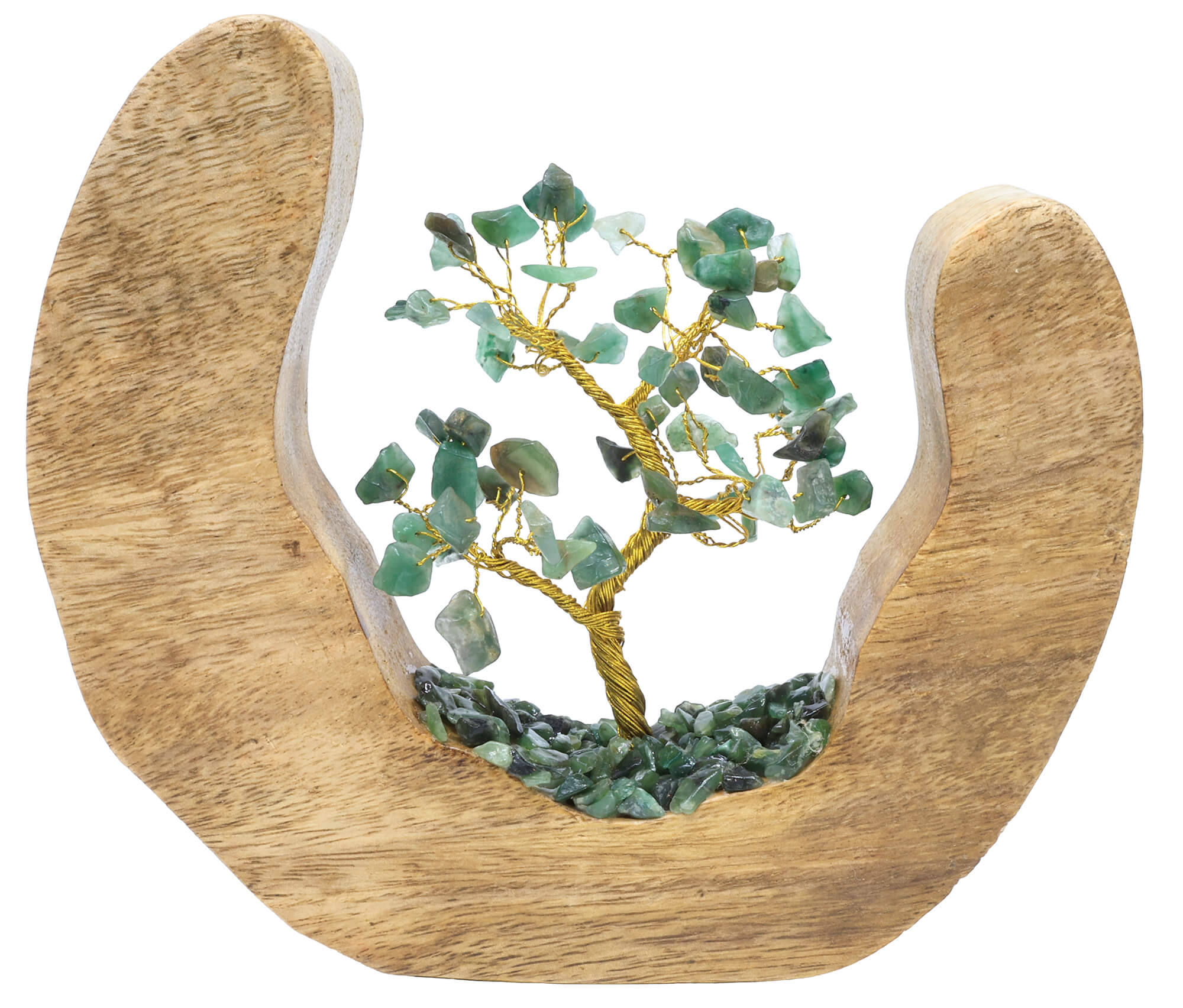 Arbre du Bonheur Design Aventurine Verte en pierres naturelles sur décor en bois de manguier 17cm