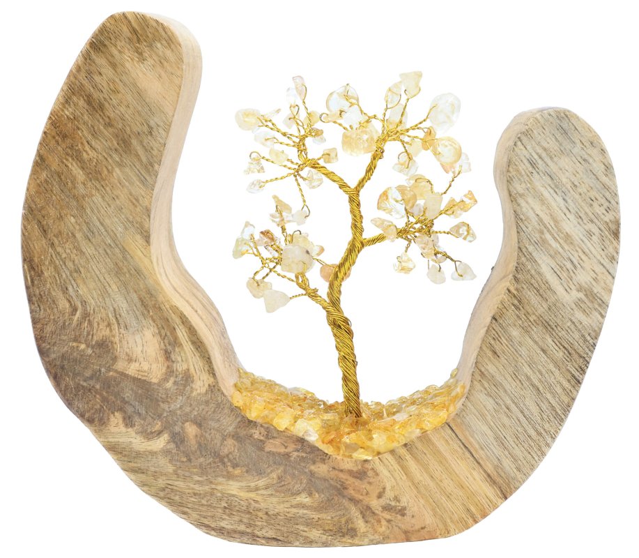 Arbre du Bonheur Design Citrine en pierres naturelles sur décor en bois de manguier 17cm