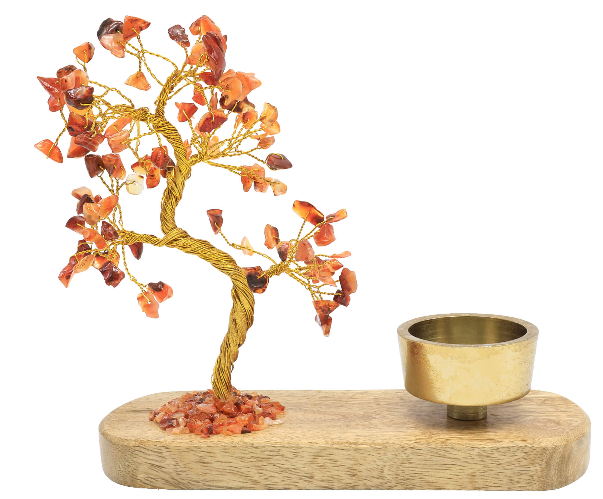 Arbre du Bonheur Cornaline avec bougeoir en bois de manguier 17cm