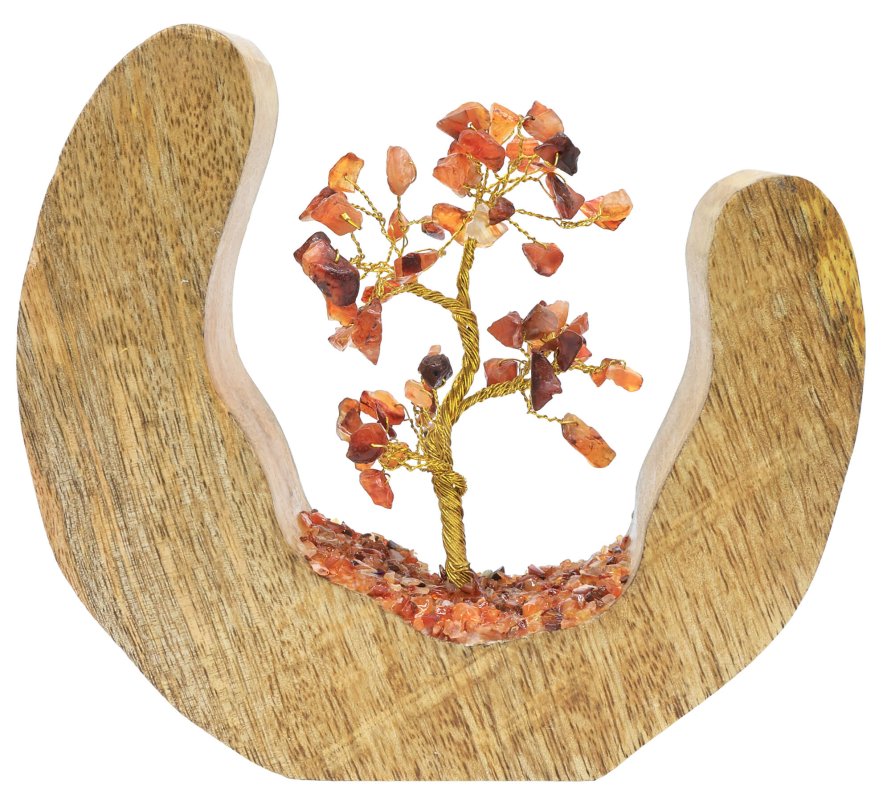 Arbre du Bonheur Design Cornaline en pierres naturelles sur décor en bois de manguier 17cm