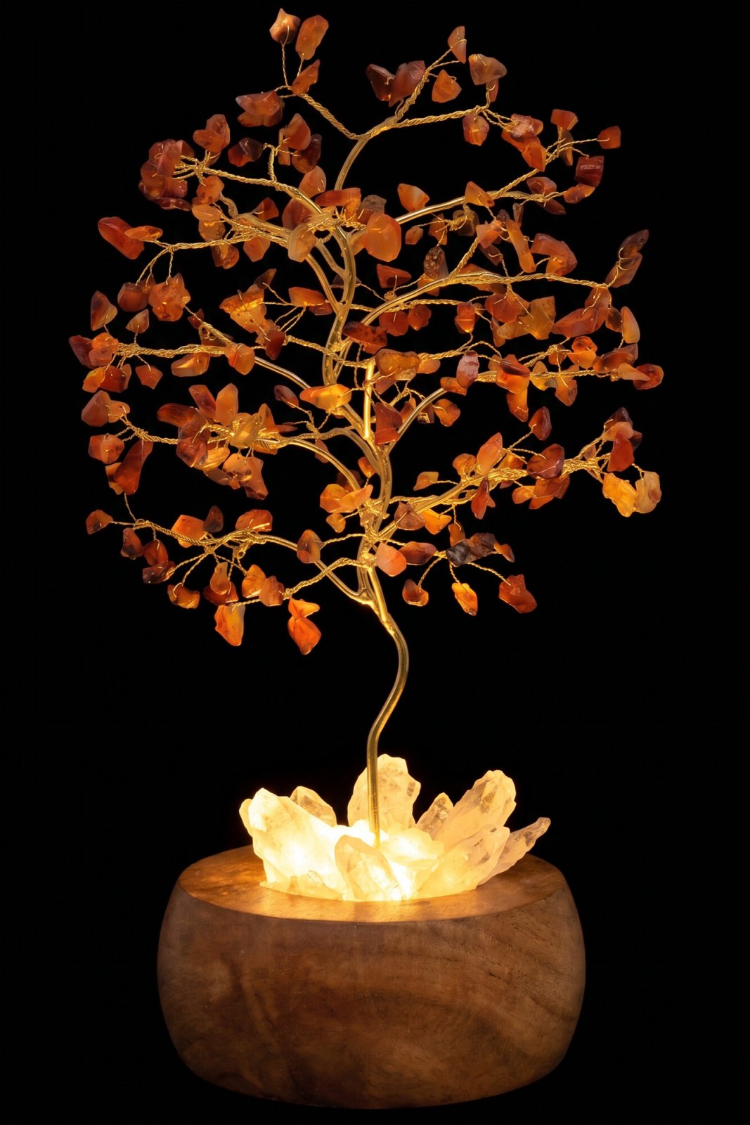Arbre du Bonheur lumineux Cornaline sur base en Cristal de Roche