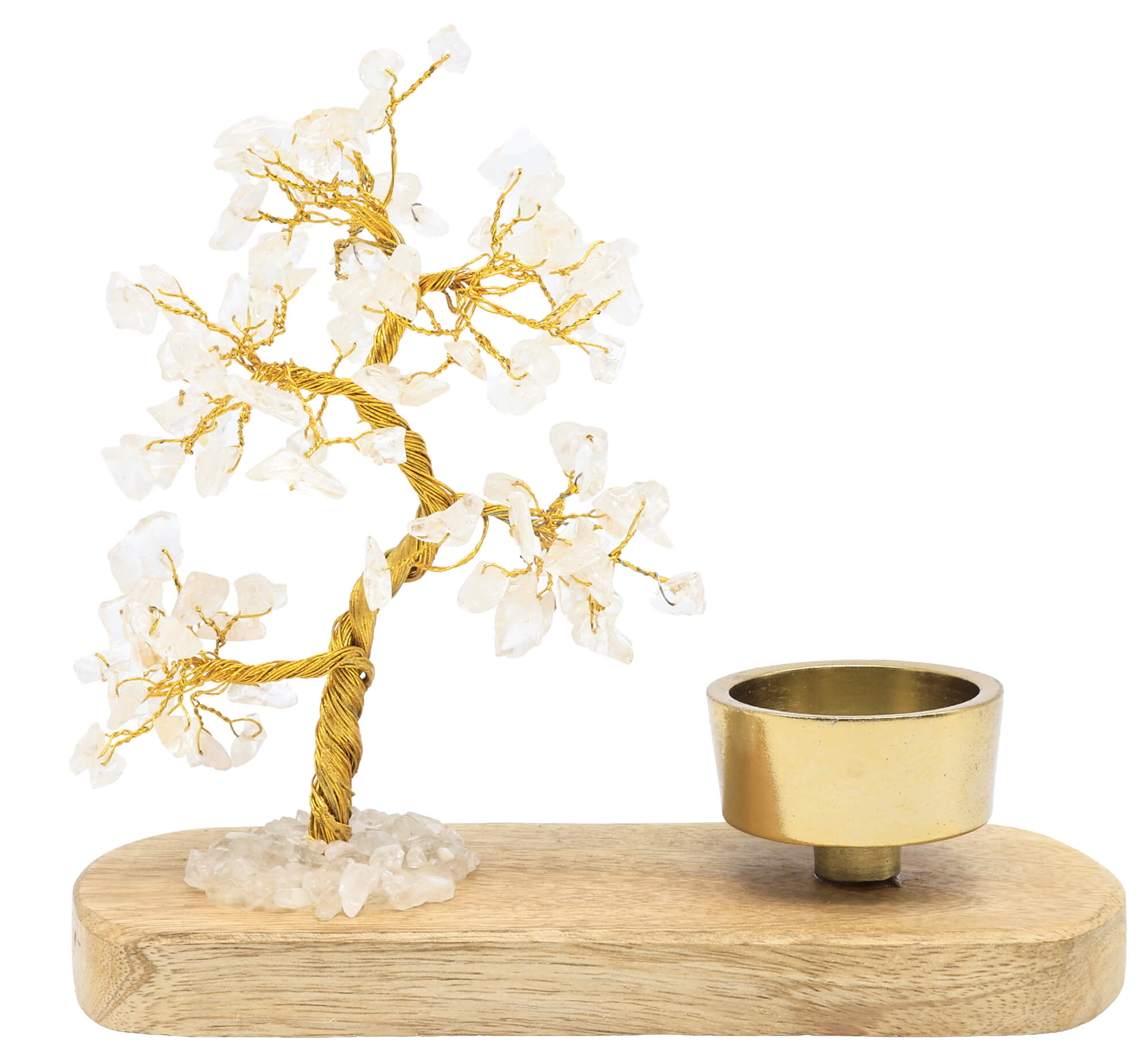 Arbre du Bonheur Cristal de roche avec bougeoir en bois de manguier 17cm