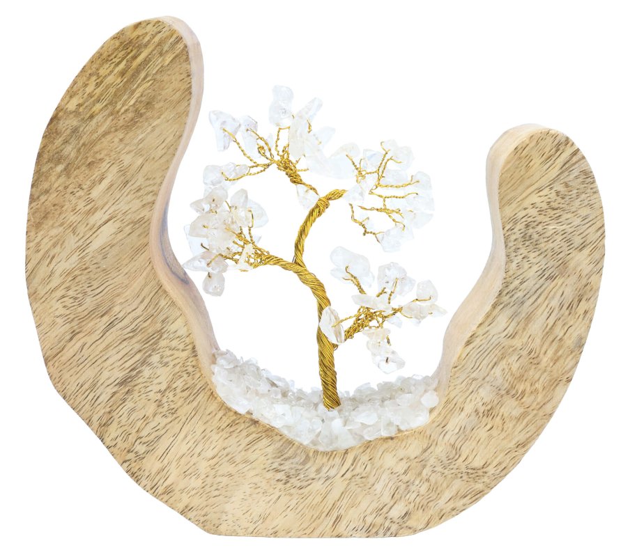 Arbre du Bonheur Design Cristal de Roche en pierres naturelles sur décor en bois de manguier 17cm