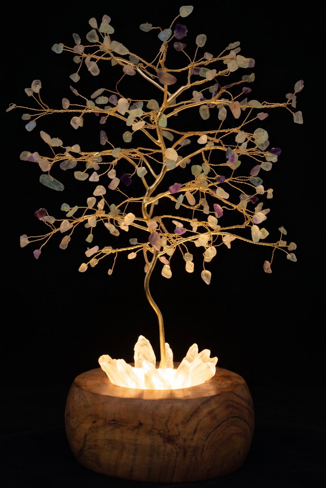 Arbre du Bonheur lumineux Fluorite sur base en Cristal de Roche