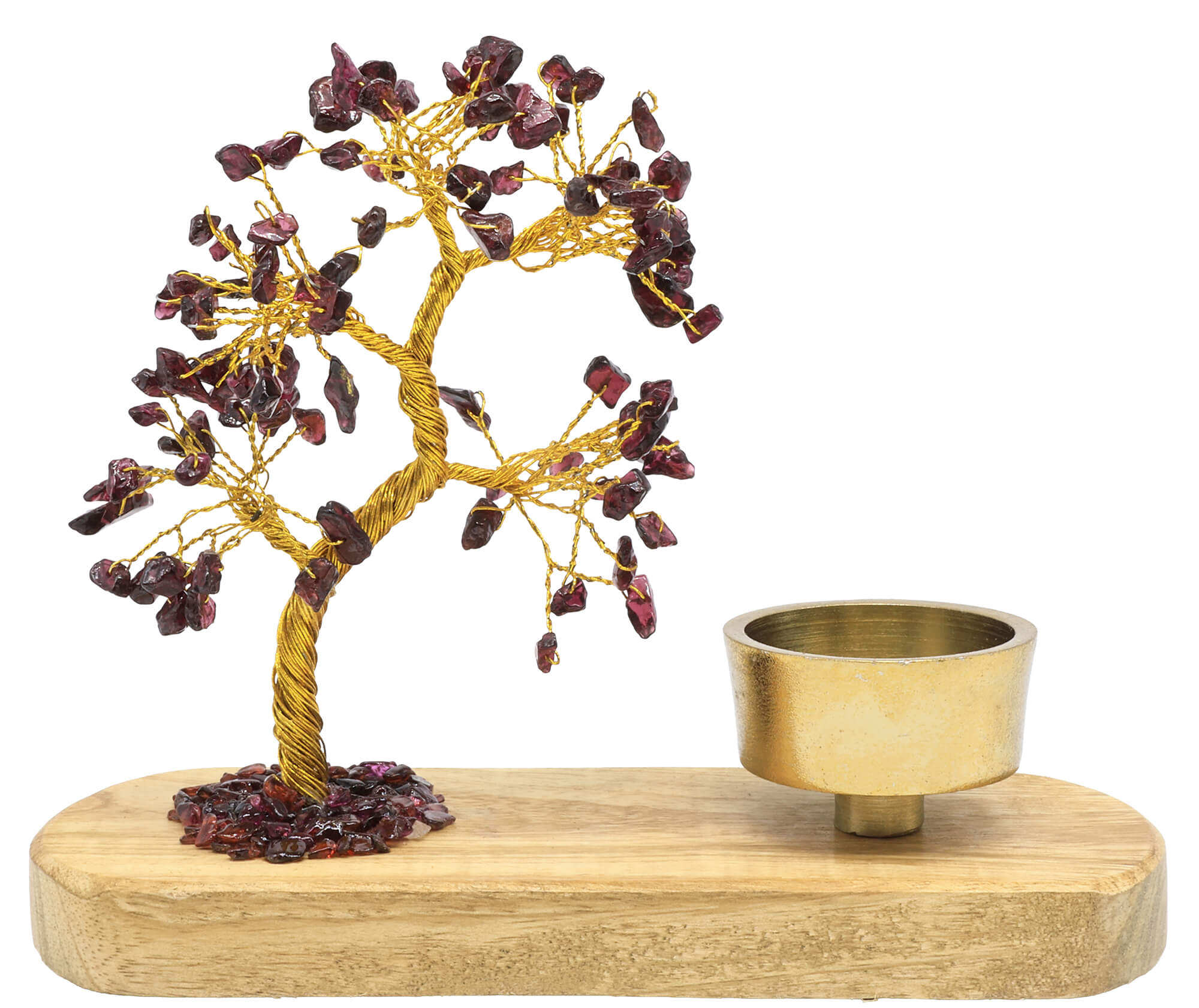 Arbre du Bonheur Grenat avec bougeoir en bois de manguier 17cm