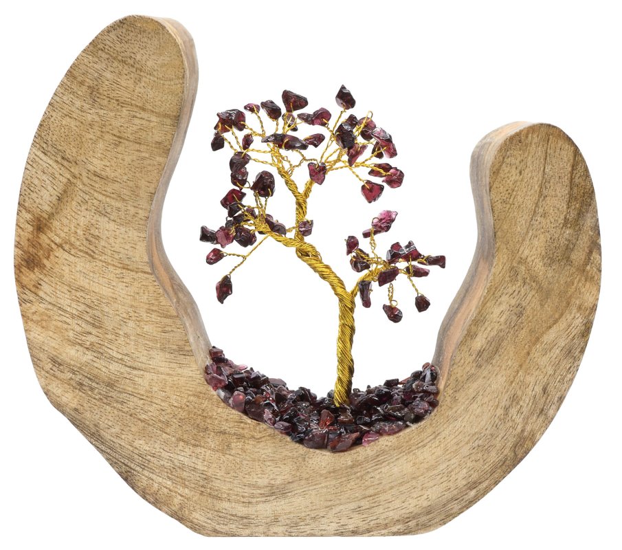 Arbre du Bonheur Design Grenat en pierres naturelles sur décor en bois de manguier 17cm