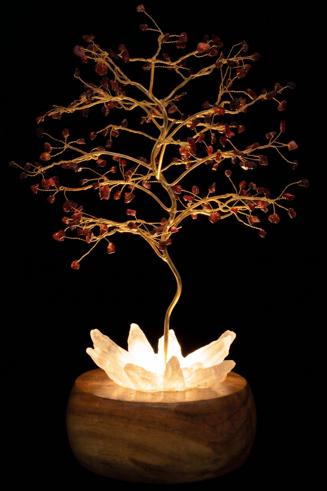 Arbre du Bonheur lumineux Grenat sur base en Cristal de Roche