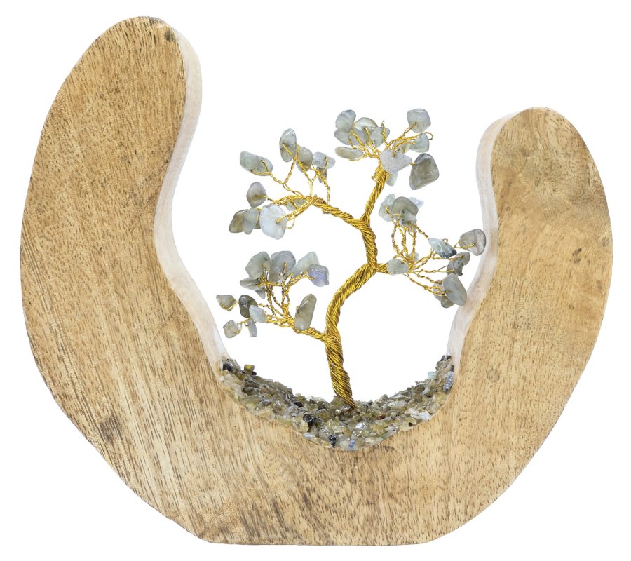 Arbre du Bonheur Design Labradorite en pierres naturelles sur décor en bois de manguier 17cm