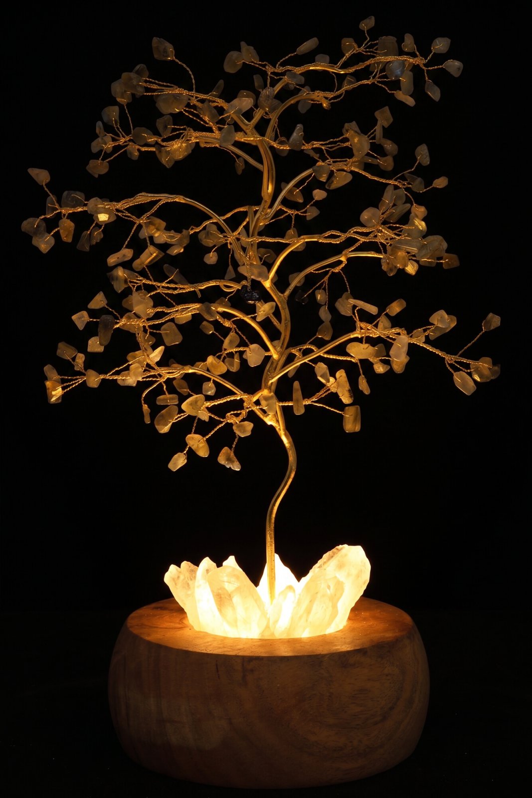 Arbre du Bonheur lumineux Labradorite sur base en Cristal de Roche