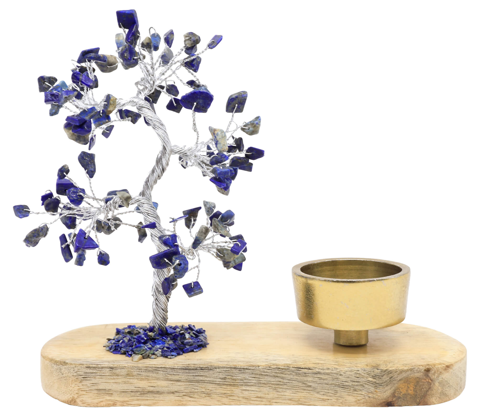 Arbre du Bonheur Lapis Lazuli avec bougeoir en bois de manguier 17cm