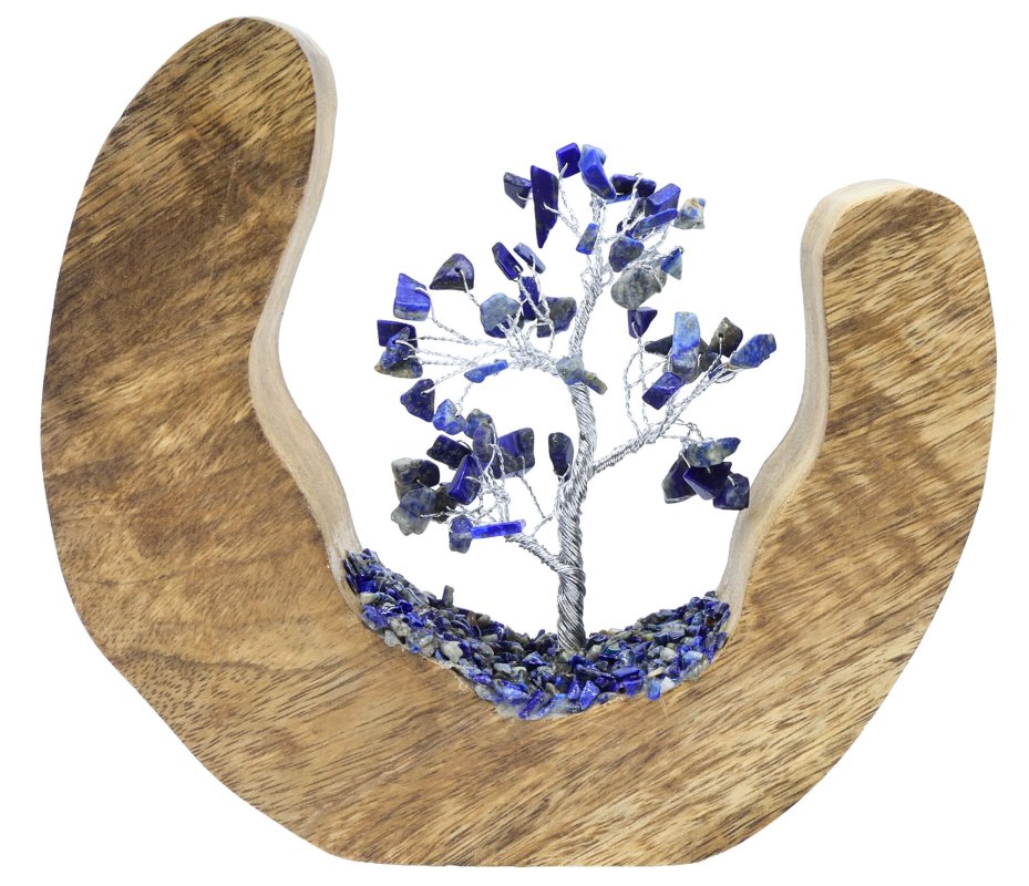 Arbre du Bonheur Design Lapis Lazuli en pierres naturelles sur décor en bois de manguier 17cm
