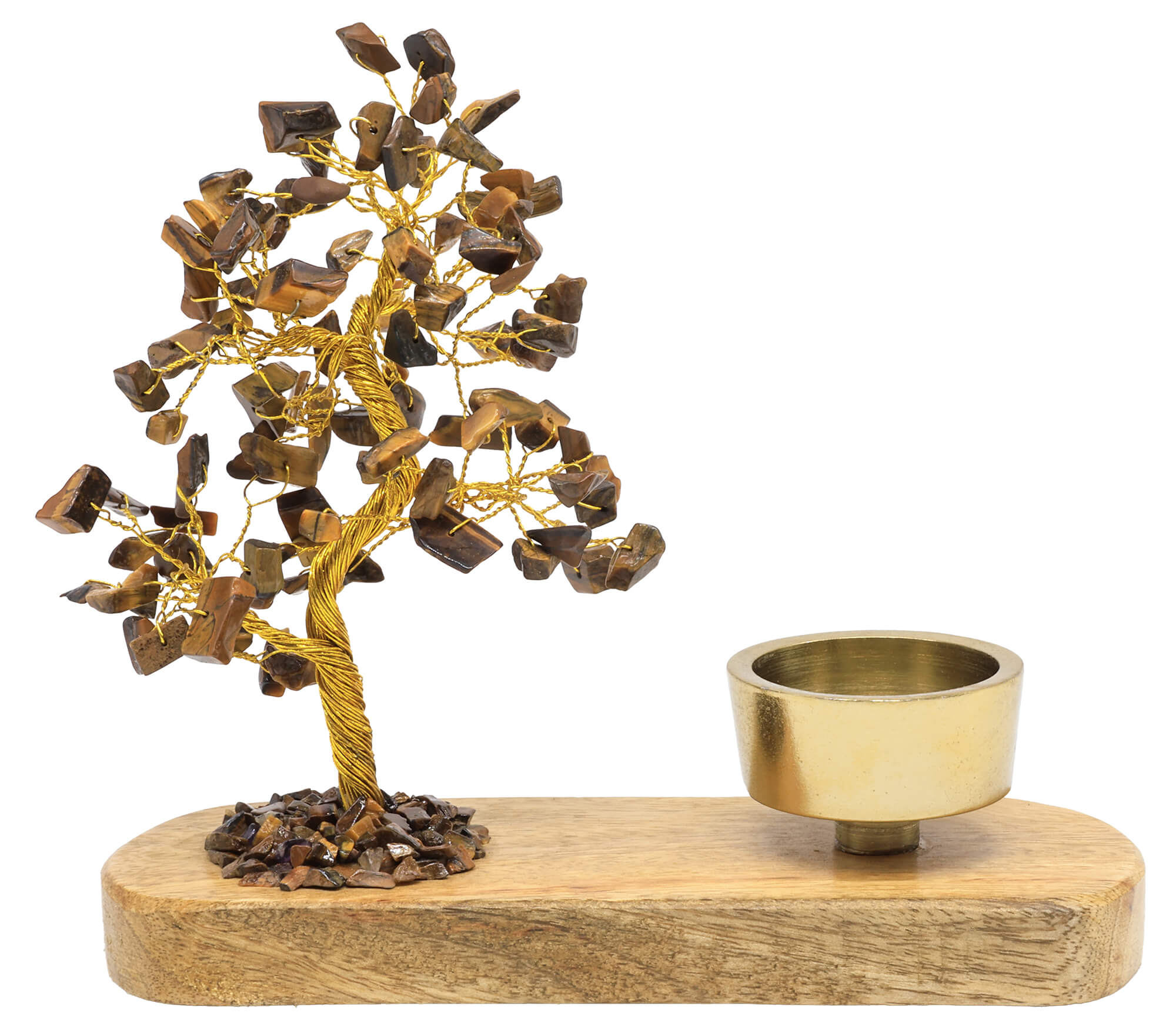 Arbre du Bonheur Oeil de Tigre avec bougeoir en bois de manguier 17cm