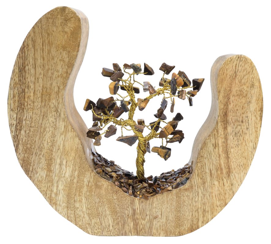 Arbre du Bonheur Design Oeil de Tigre en pierres naturelles sur décor en bois de manguier 17cm