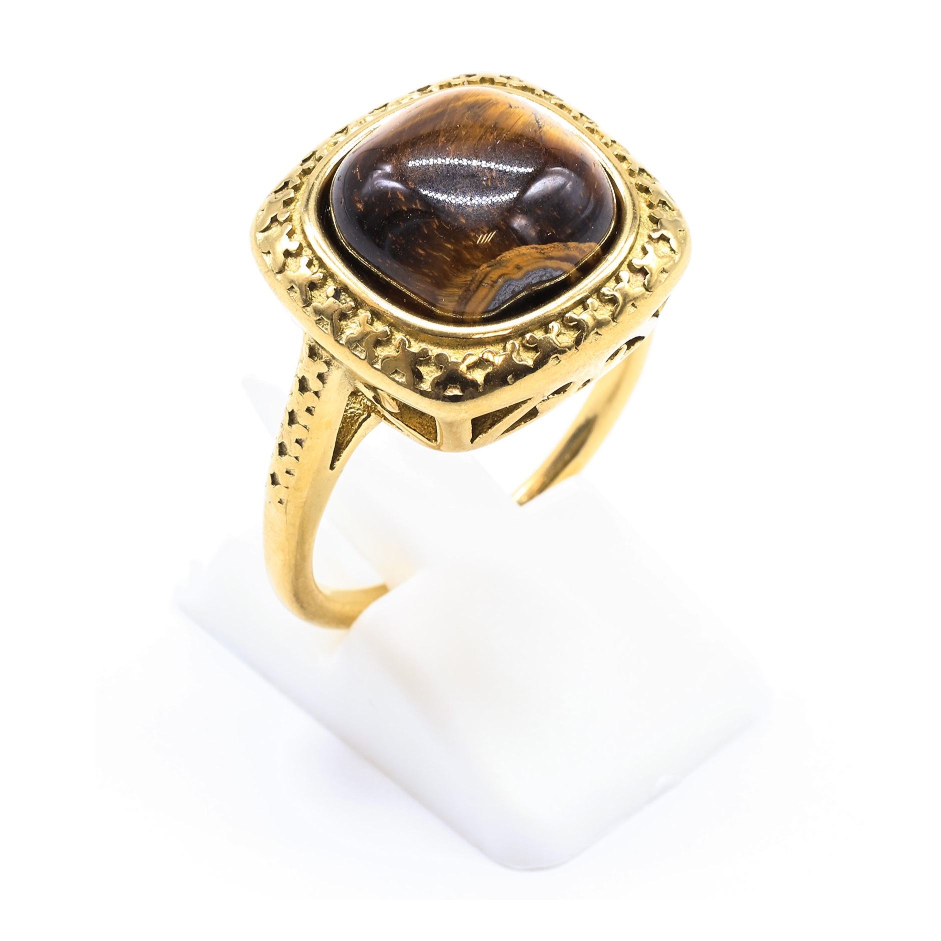 Bague chevalière en acier inoxydable sertie d’une pierre naturelle Oeil de tigre