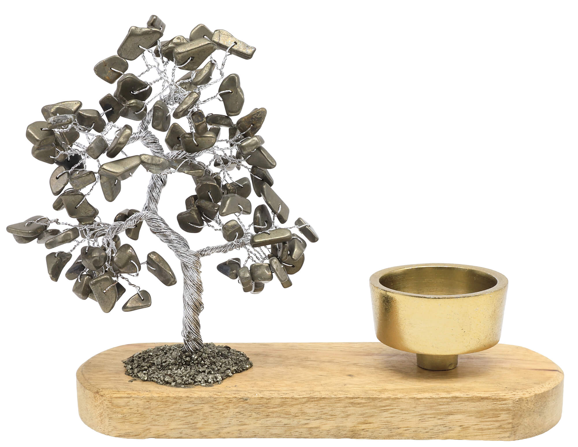 Arbre du Bonheur Pyrite avec bougeoir en bois de manguier 17cm