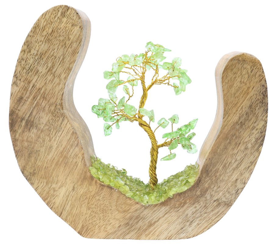 Arbre du Bonheur Design Quartz vert en pierres naturelles sur décor en bois de manguier 17cm