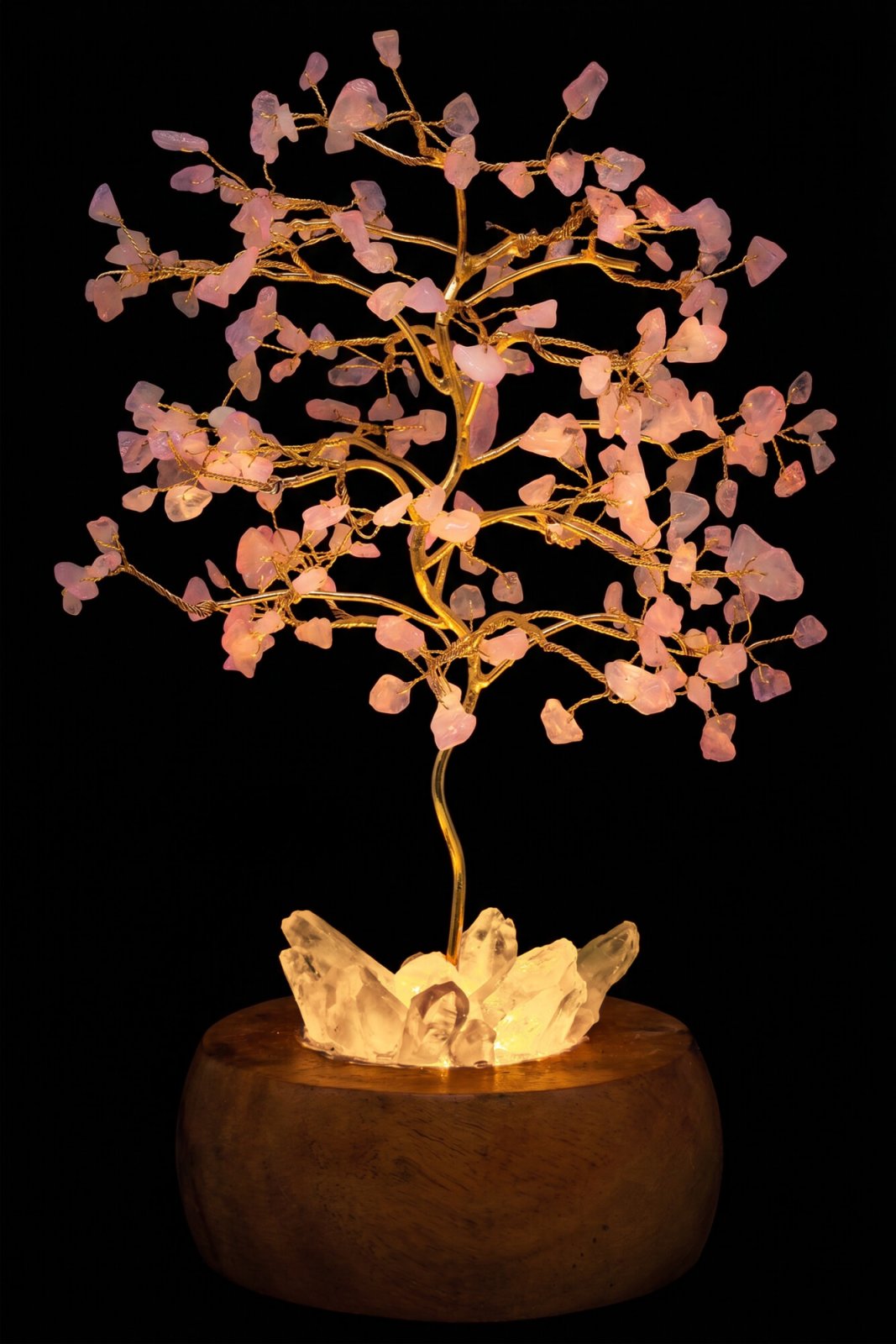 Arbre du Bonheur lumineux Quartz rose sur base en Cristal de Roche