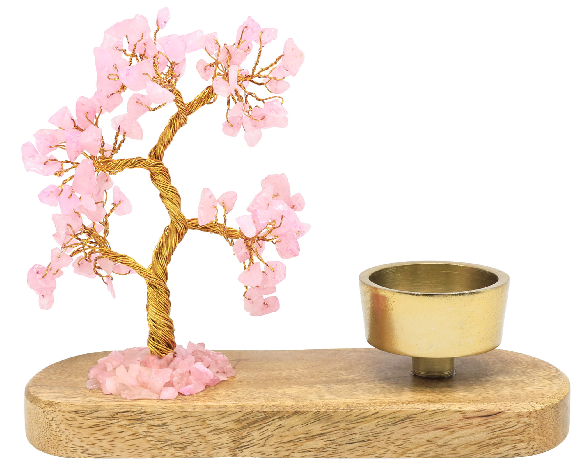 Arbre du Bonheur Quartz rose avec bougeoir en bois de manguier 17cm