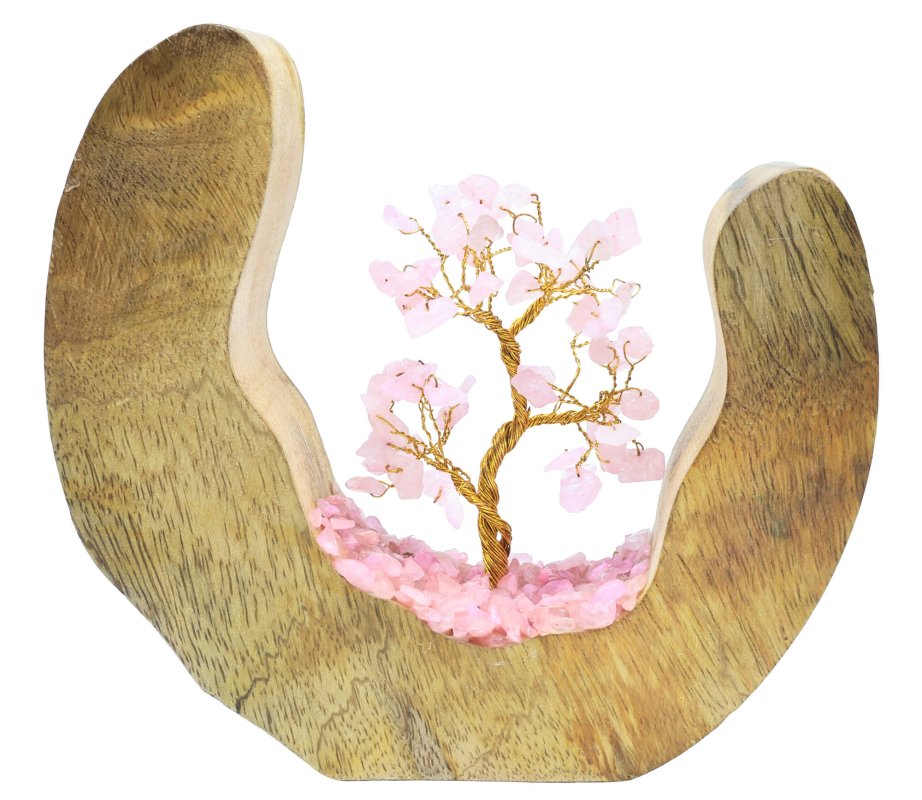 Arbre du Bonheur Design Quartz Rose en pierres naturelles sur décor en bois de manguier 17cm
