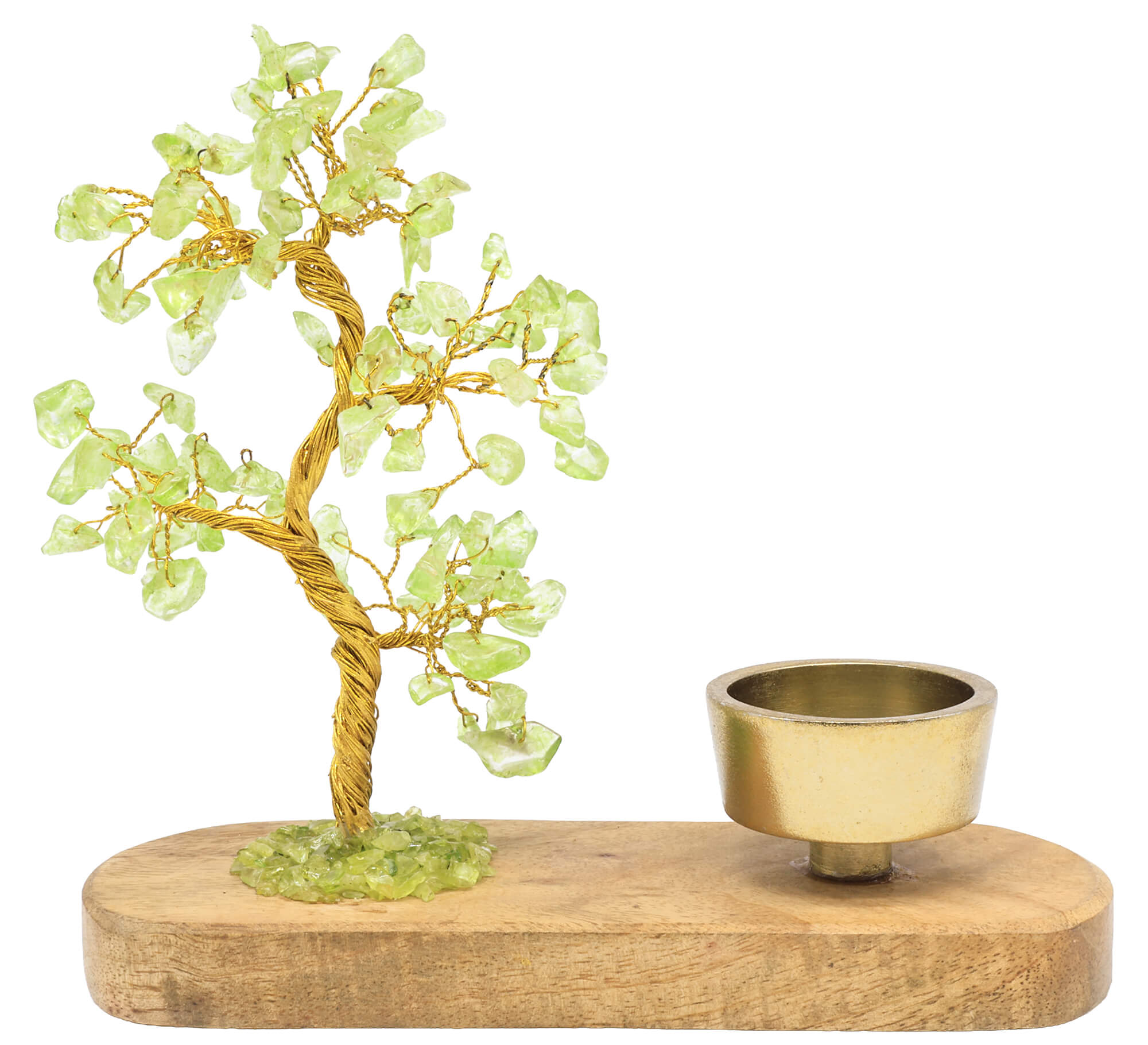 Arbre du Bonheur Quartz vert avec bougeoir en bois de manguier 17cm