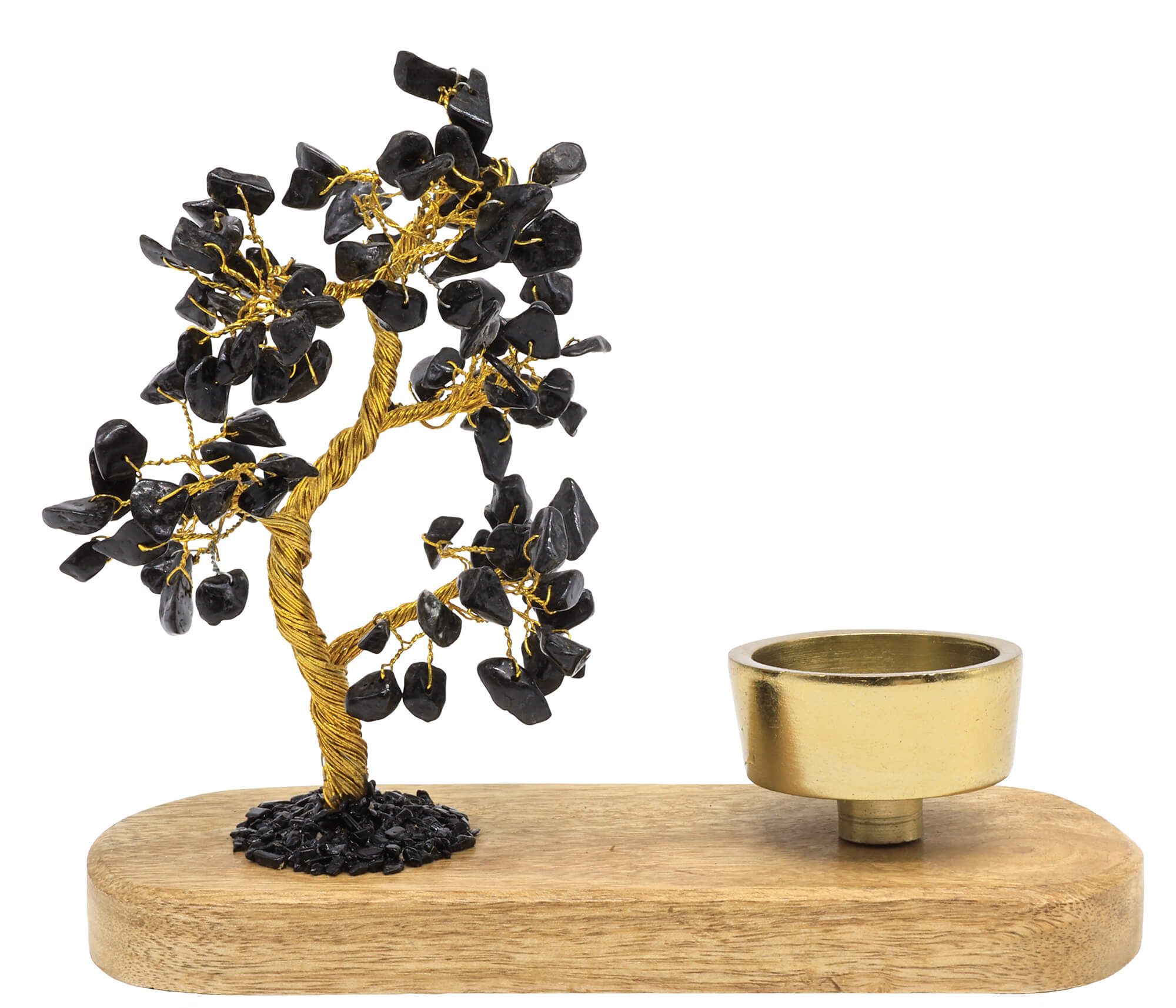 Arbre du Bonheur Tourmaline avec bougeoir en bois de manguier 17cm