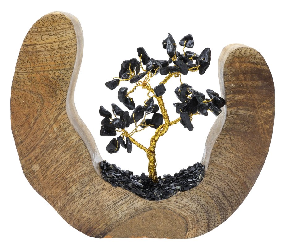 Arbre du Bonheur Design Tourmaline Noire en pierres naturelles sur décor en bois de manguier 17cm